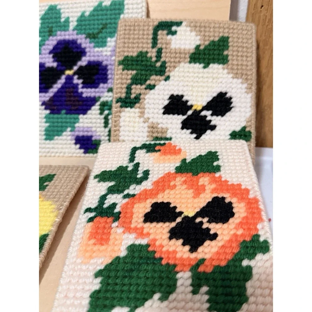 Flower Vintage Coasters (4) Needle Point 4.5x5in